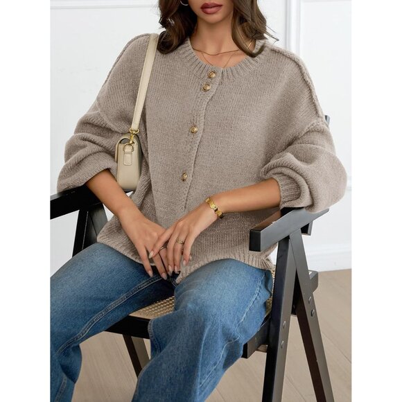 Womens Chunky Knit Oversized Cardigan Long Sleeve Button Casual Fall Sweater - Picture 4 of 5